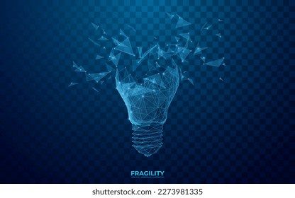 Broken light bulb. Digital lightbulb at the moment of destruction. Abstract fragility concept. Technology burst bulb in polygons, lines, and transparent shapes. 3D wireframe vector illustration.