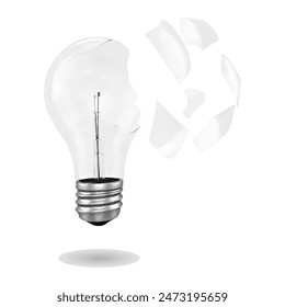 A broken light bulb with glass fragments on a white background. Vector illustration