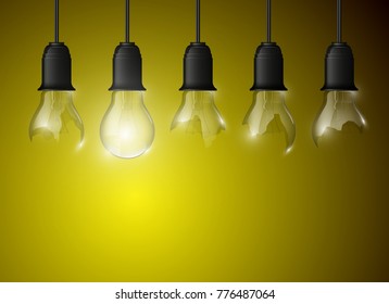 Broken light bulb illuminated, realistic vector illustration. stylish fractured light bulb conceptual digital idea design background, exploded light bulb banner