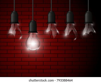 Broken light bulb illuminated, realistic vector illustration. stylish fractured light bulb conceptual digital idea design background, exploded light bulb banner