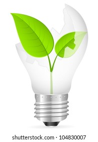 Broken light bulb with leaf on a white background. Vector illustration.