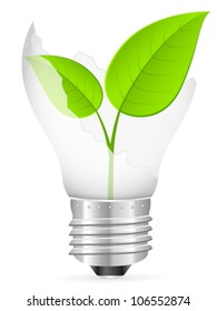 Broken light bulb with leaf on a white background. Vector illustration.