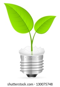 Broken light bulb with leaf on a white background. Vector illustration.