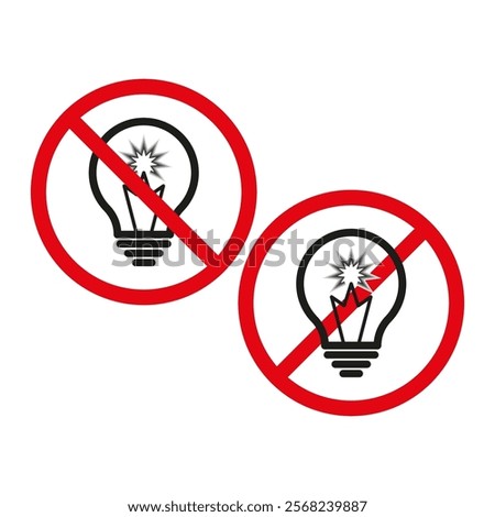 Broken light bulb. Prohibition warning sign. Red circle outline. Vector illustration.