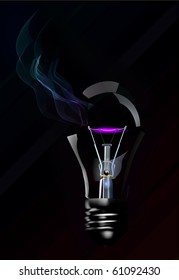 Broken light bulb with smoke on black background