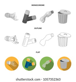 Broken light bulb, used batteries, breaking a plastic bottle, garbage can with a sign.Garbage and trash set collection icons in flat,outline,monochrome style vector symbol stock illustration web.