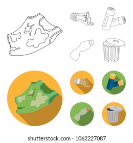 Broken light bulb, used batteries, breaking a plastic bottle, garbage can with a sign.Garbage and trash set collection icons in outline,flat style vector symbol stock illustration web.