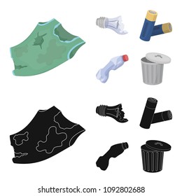Broken light bulb, used batteries, breaking a plastic bottle, garbage can with a sign.Garbage and trash set collection icons in cartoon,black style vector symbol stock illustration web.