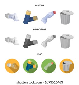 Broken light bulb, used batteries, breaking a plastic bottle, garbage can with a sign.Garbage and trash set collection icons in cartoon,flat,monochrome style vector symbol stock illustration web.