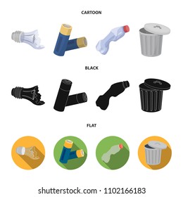 Broken light bulb, used batteries, breaking a plastic bottle, garbage can with a sign.Garbage and trash set collection icons in cartoon,black,flat style vector symbol stock illustration web.