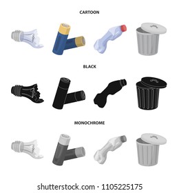 Broken light bulb, used batteries, breaking a plastic bottle, garbage can with a sign.Garbage and trash set collection icons in cartoon,black,monochrome style vector symbol stock illustration web.