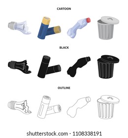 Broken light bulb, used batteries, breaking a plastic bottle, garbage can with a sign.Garbage and trash set collection icons in cartoon,black,outline style vector symbol stock illustration web.