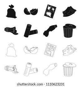 Broken light bulb, used batteries, breaking a plastic bottle, garbage can with a sign.Garbage and trash set collection icons in black,outline style vector symbol stock illustration web.