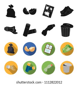 Broken light bulb, used batteries, breaking a plastic bottle, garbage can with a sign.Garbage and trash set collection icons in black,flet style vector symbol stock illustration web.