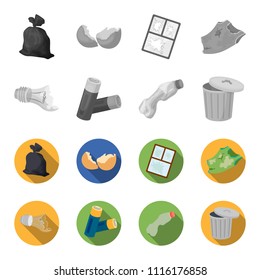 Broken light bulb, used batteries, breaking a plastic bottle, garbage can with a sign.Garbage and trash set collection icons in monochrome,flat style vector symbol stock illustration web.