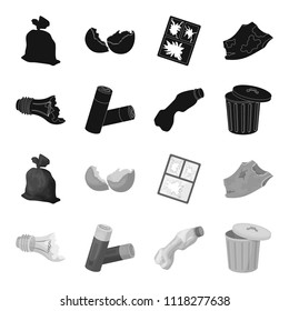 Broken light bulb, used batteries, breaking a plastic bottle, garbage can with a sign.Garbage and trash set collection icons in black,monochrome style vector symbol stock illustration web.