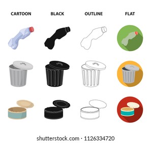 Broken light bulb, used batteries, breaking a plastic bottle, garbage can with a sign.Garbage and trash set collection icons in cartoon,black,outline,flat style vector symbol stock illustration web.