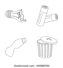 Broken light bulb, used batteries, breaking a plastic bottle, garbage can with a sign.Garbage and trash set collection icons in outline style vector symbol stock illustration web.