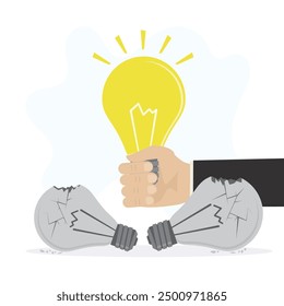 Broken light bulbs. Entrepreneur hand holds glowing idea light bulb. Fail before success, learn from mistake or motivation to success. Invent innovation, brainstorming, pitching ideas. flat vector