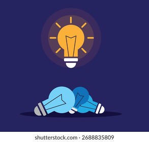 Las bombillas rotas que yacen en el suelo encima de él brillan. Empezar en el Arte vectorial de generación de negocios e ideas