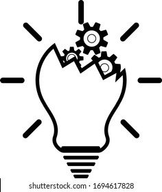 Icono de bombilla rota con tapones, engranajes en un diseño vectorial plano en color negro. Idea invención inovación