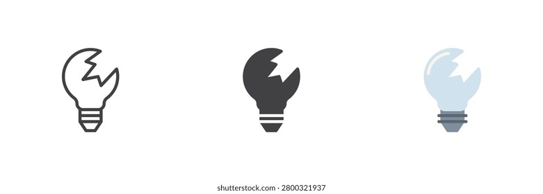 Broken lightbulb icon set shows cracked lamp in line, solid and flat colorful color styles. Broken lightbulb icon for waste vector sign and recycle symbol.