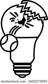 Broken Lightbulb with tennis ball icon . Idea symbol. Electric lamp, light, innovation, solution, creative thinking, electricity. Outline style. Flat icon vector design illustration. 