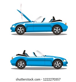 Broken lilac cabriolet sport cartoon car with opened hood covered with smoke. Car crash before and after. Vector illustration isolated on white background. Clip art.