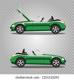 Broken lilac cabriolet sport cartoon car with opened hood covered with smoke. Car crash before and after. Vector illustration isolated on white background. Clip art.