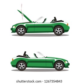 Broken lilac cabriolet sport cartoon car with opened hood covered with smoke. Car crash before and after. Vector illustration isolated on white background. Clip art.