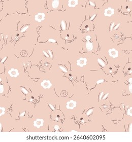 Broken Line Art Rabbits Vector Seamless Pattern