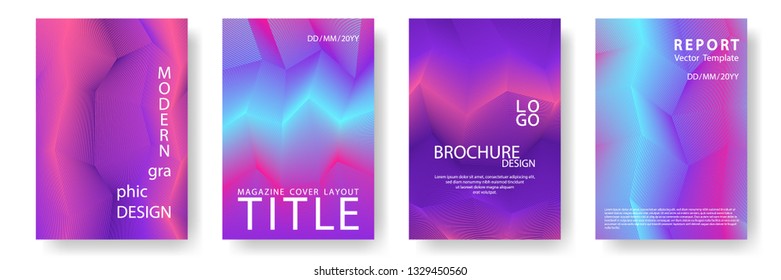 Broken lines gradient brochure templates vector set. Halftone stripes texture cover page layout templates set. Report covers graphic design, business brochure pages corporate pink blue purple layouts.