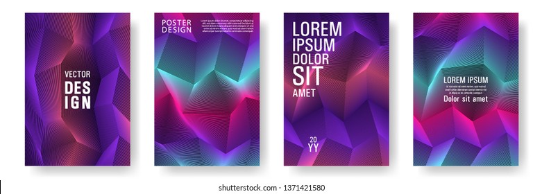 Broken lines gradient polygonal cover templates vector set. Purple geometric gradient texture cover page layout templates set. Brochures graphic design, business booklet pages corporate layouts.