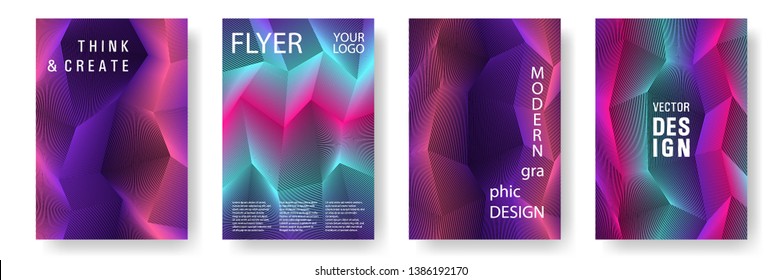 Broken lines gradient polygonal cover templates vector set. Purple geometric gradient texture cover page layout templates set. Brochures graphic design, business booklet pages corporate layouts.