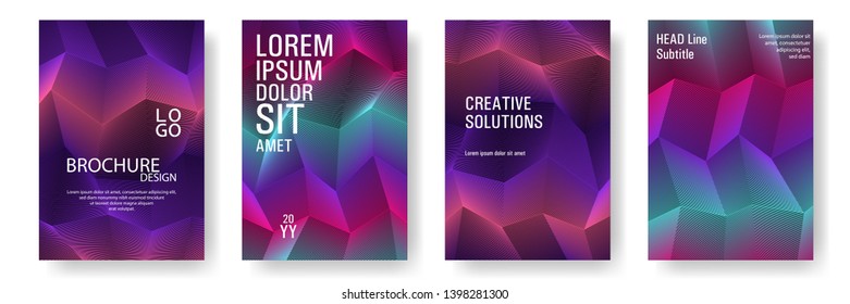 Broken lines gradient polygonal cover templates vector set. Purple geometric gradient texture cover page layout templates set. Brochures graphic design, business booklet pages corporate layouts.