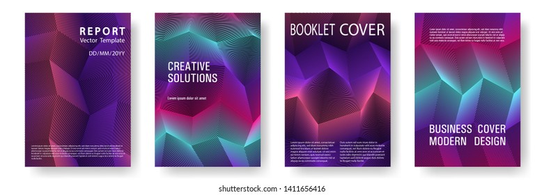 Broken lines gradient polygonal cover templates vector set. Purple geometric gradient texture cover page layout templates set. Brochures graphic design, business booklet pages corporate layouts.