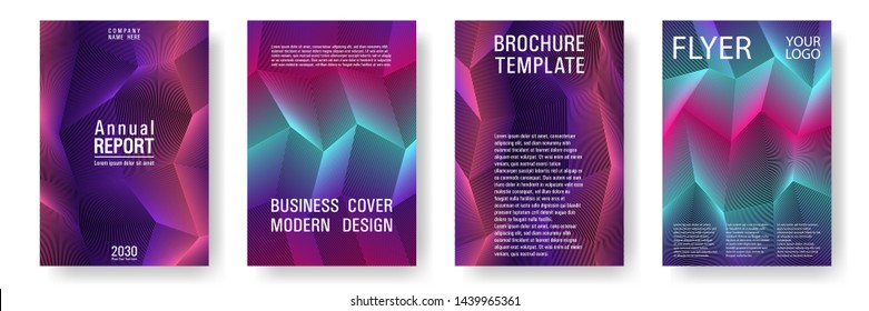 Broken lines gradient polygonal cover templates vector set. Purple geometric gradient texture cover page layout templates set. Brochures graphic design, business booklet pages corporate layouts.