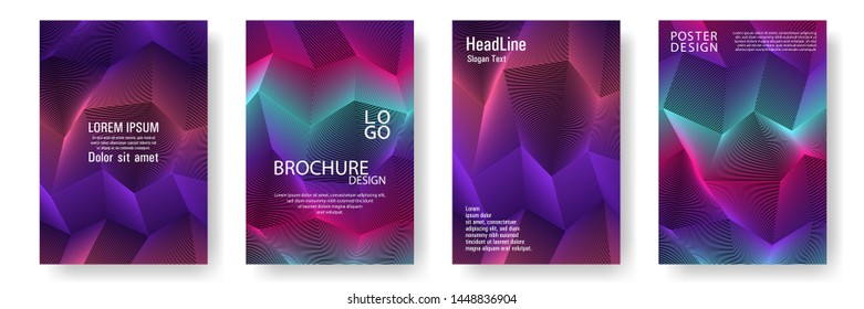 Broken lines gradient polygonal cover templates vector set. Purple geometric gradient texture cover page layout templates set. Brochures graphic design, business booklet pages corporate layouts.