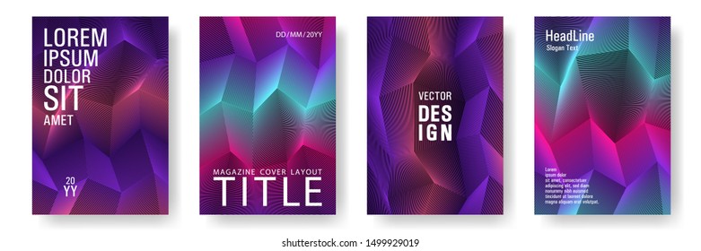 Broken lines gradient polygonal cover templates vector set. Purple geometric gradient texture cover page layout templates set. Brochures graphic design, business booklet pages corporate layouts.