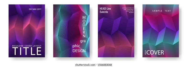 Broken lines gradient polygonal cover templates vector set. Purple geometric gradient texture cover page layout templates set. Brochures graphic design, business booklet pages corporate layouts.