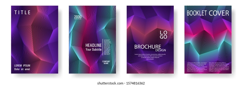 Broken lines gradient polygonal cover templates vector set. Purple geometric gradient texture cover page layout templates set. Brochures graphic design, business booklet pages corporate layouts.
