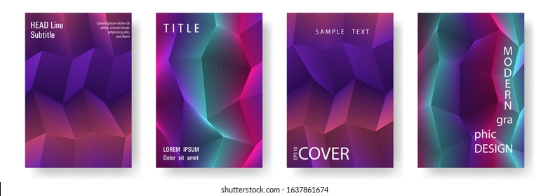 Broken lines gradient polygonal cover templates vector set. Purple geometric gradient texture cover page layout templates set. Brochures graphic design, business booklet pages corporate layouts.
