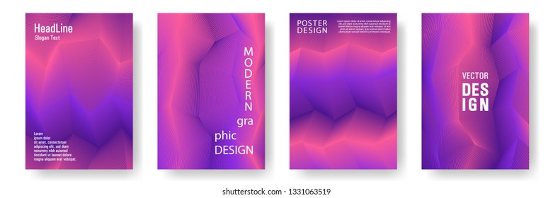 Broken lines gradient report cover templates vector set. Geometric texture cover page layout templates set. Brochures graphic design, business booklet pages corporate layouts in coral, violet, purple.