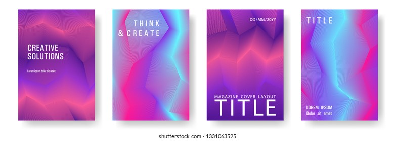 Broken lines gradient report cover templates vector set. Blue pink violet gradient texture cover page layout templates set. Brochures graphic design, business booklet pages corporate layouts.