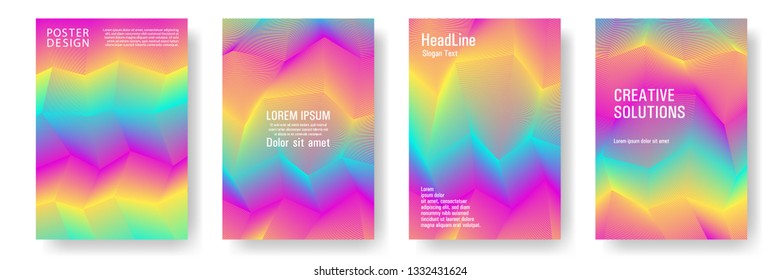 Broken lines gradient report cover templates vector set. Halftone cool texture cover page layout templates set. Brochures graphic design, business booklet pages corporate layouts in rainbow colors.