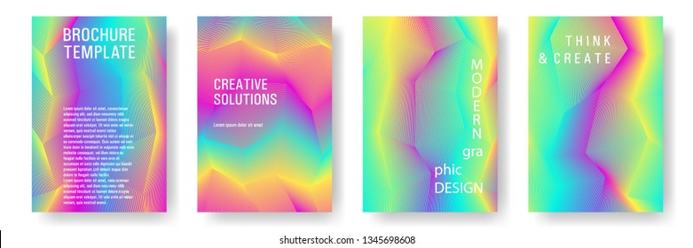 Broken lines gradient report cover templates vector set. Halftone cool texture cover page layout templates set. Brochures graphic design, business booklet pages corporate layouts in rainbow colors.