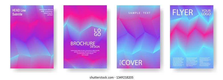 Broken lines gradient report cover templates vector set. Blue magenta violet gradient texture cover page layout templates set. Brochures graphic design, business booklet pages corporate layouts.