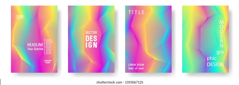 Broken lines gradient report cover templates vector set. Halftone cool texture cover page layout templates set. Brochures graphic design, business booklet pages corporate layouts in rainbow colors.