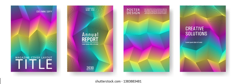 Broken lines gradient report cover templates vector set. Halftone rainbow geometric texture cover page layout templates set. Brochures graphic design, business booklet pages corporate layouts.