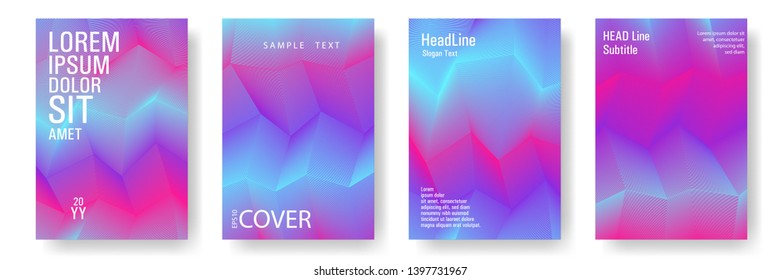 Broken lines gradient report cover templates vector set. Blue magenta violet gradient texture cover page layout templates set. Brochures graphic design, business booklet pages corporate layouts.